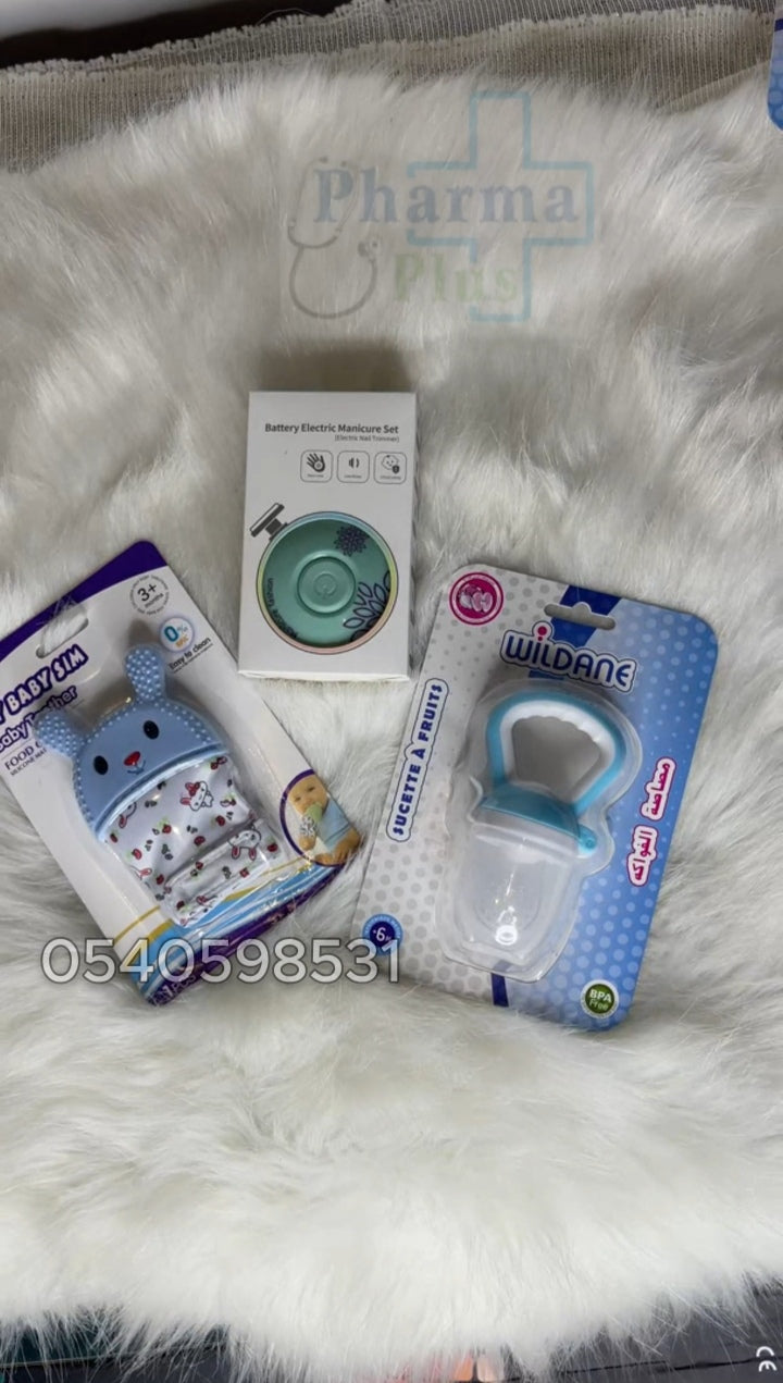 Coupe-ongles électrique pour bébé, outil de polissage des ongles + Sucette à fruits + Gant de dentition